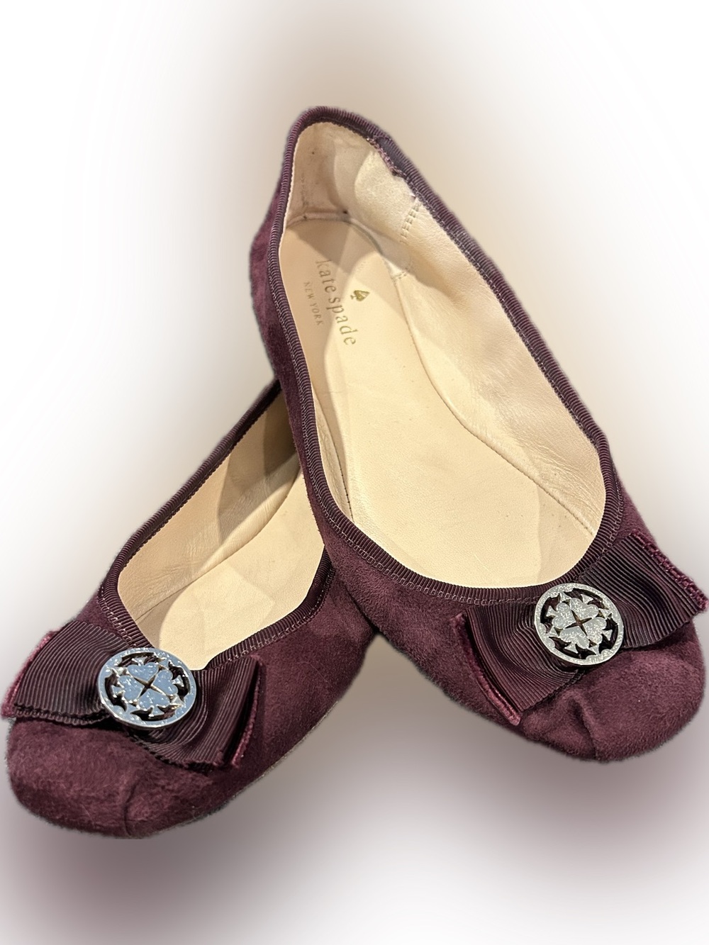 kate spade Fontana Too Suede Burgundy Ballet Flats with Bow & Logo Medallion